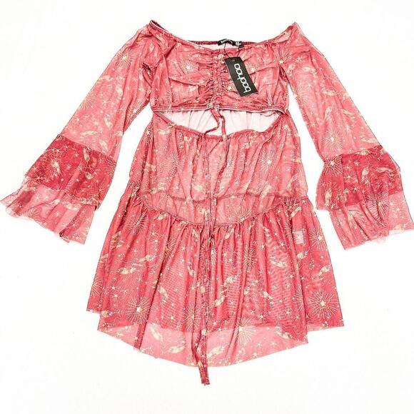 Boohoo Sheer Bohemian Patterned Printed Dress Pink/Red Size 10 NWT - Picture 1 of 6